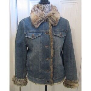 Fabio Womens Blue Denim Jean Trucker Jacket Warm Brown Faux Fur Lining Size S